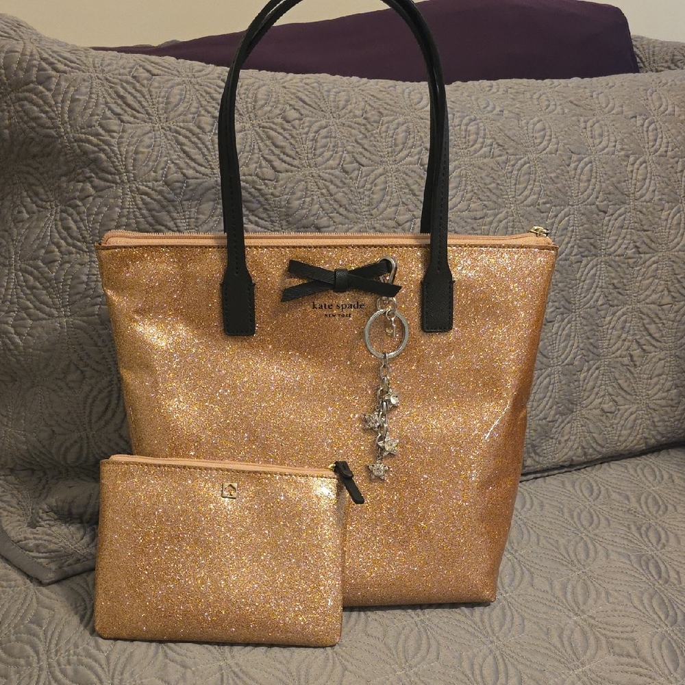 kate spade Gold Glitter Tote with Black Handles and Bow Accent